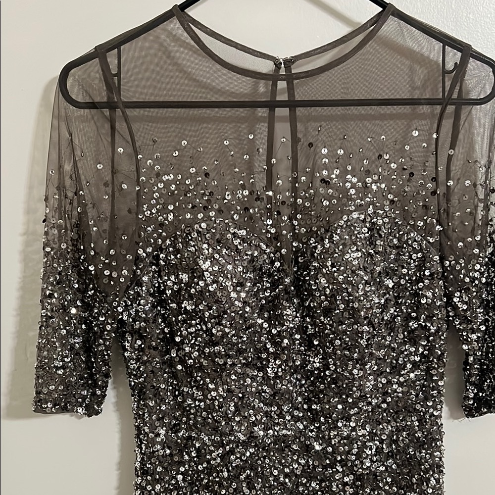 Adrianna Papell Silver Sequin Long Sleeve Mesh Dress - Picture 2 of 8